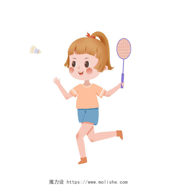 打羽毛球卡通女孩人物马尾辫开心运动短袖PNG素材羽毛球运动员元素
